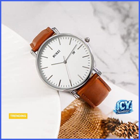 Brown Leather Stainless Steel Minimalist Quartz Watch Waterproof - Picture 3 of 7